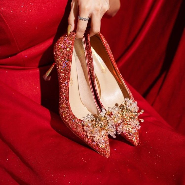 红色婚鞋女秀禾服两穿细高跟新娘鞋2023新款女鞋水晶鞋中式礼服鞋