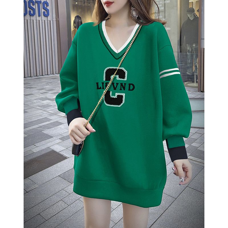 Letter embroidery V-neck mid-length sweater dress fat MM extra large size 300 catties spring and autumn loose belly-covering thin dress