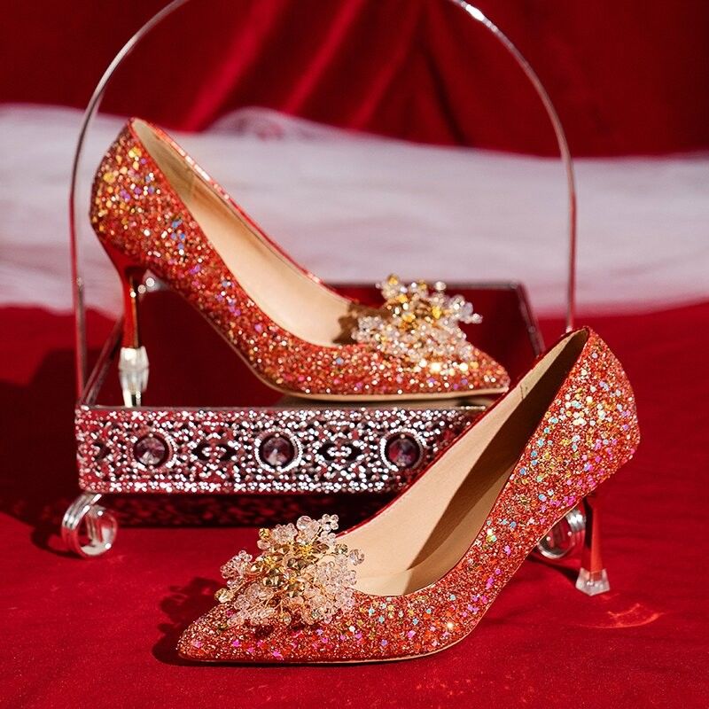 红色婚鞋女秀禾服两穿细高跟新娘鞋2023新款女鞋水晶鞋中式礼服鞋