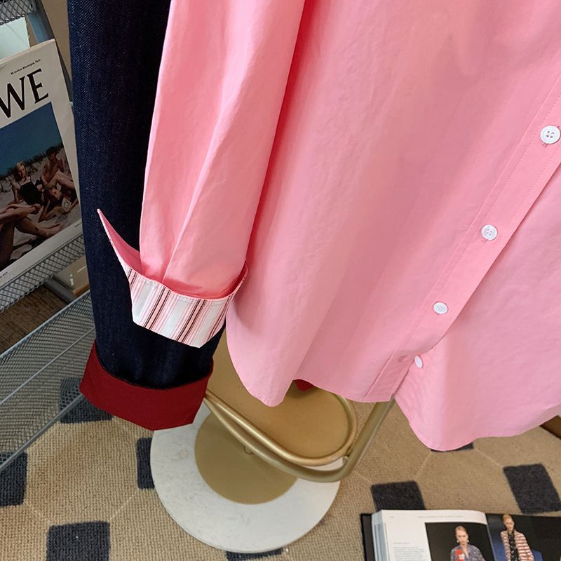 韩系粉色雪纺衬衫女春季新款小众设计感叠穿内搭长袖宽松百搭上衣