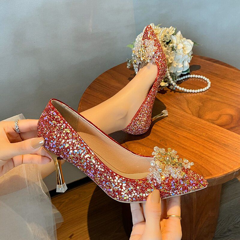 紅色婚鞋女秀禾服兩穿細高跟新娘鞋2023新款女鞋水晶鞋中式禮服鞋
