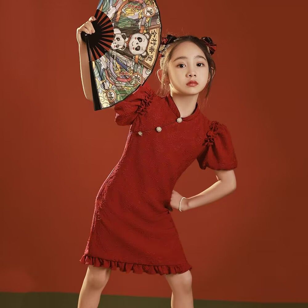 女童连衣裙夏装复古公主裙中国风红色儿童旗袍夏季小女孩表演裙子