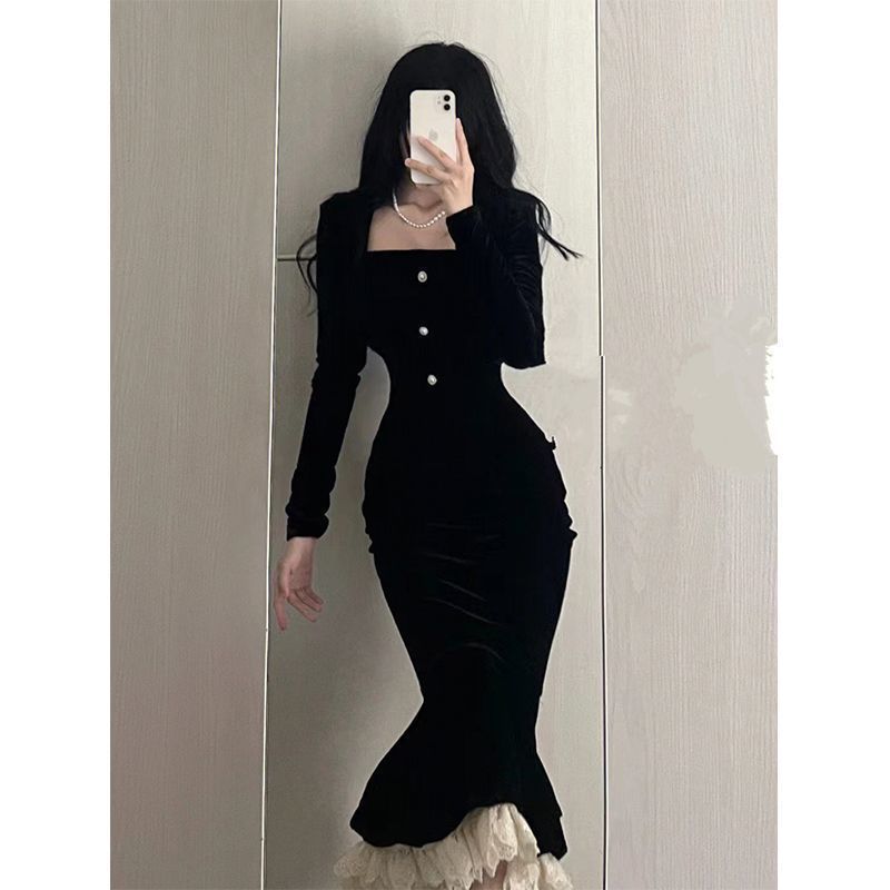 Hepburn style retro fishtail dress women's spring and autumn self-cultivation slim bag hip long black temperament retro skirt
