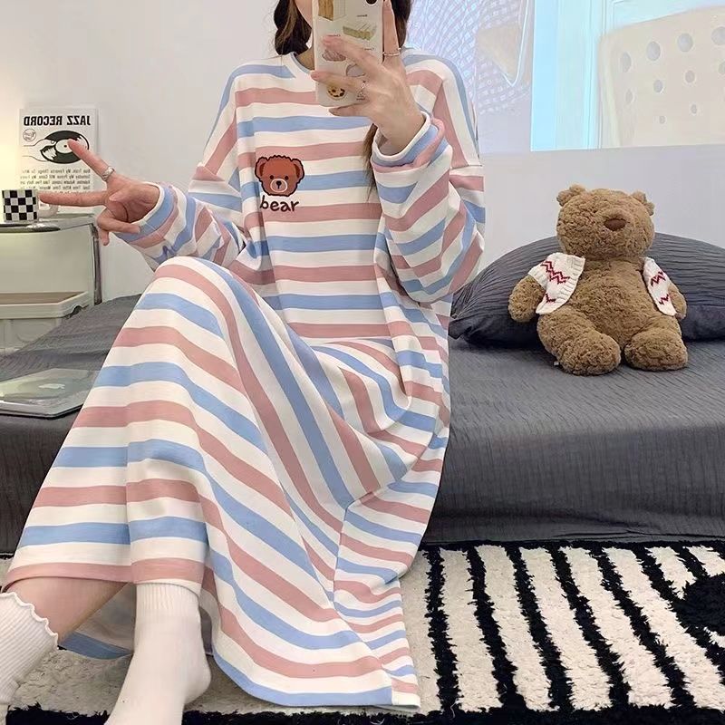 大碼2-300斤長款睡裙女春秋長袖學生條紋可愛胖mm寬鬆孕婦睡衣260