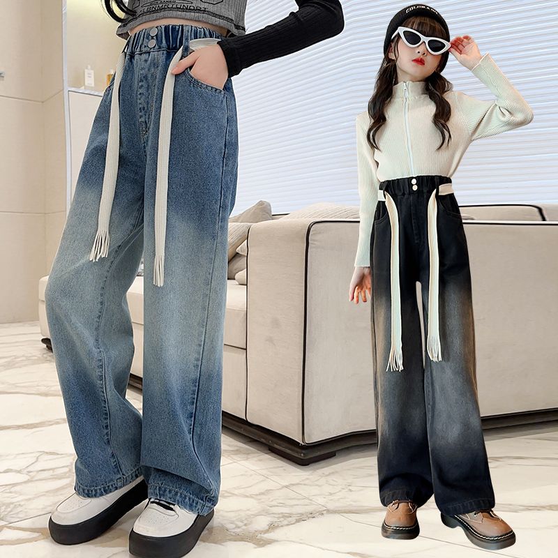 女童牛仔褲春款2023新款春秋季寬鬆兒童直筒闊腿褲女孩中大童長褲