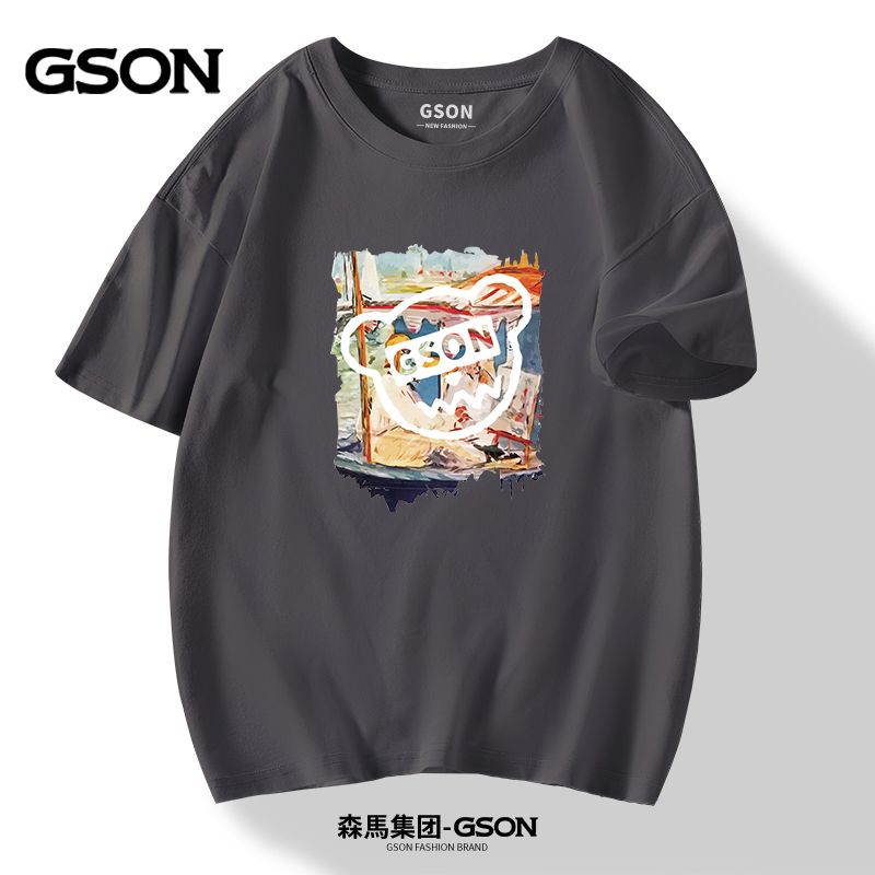 品牌GSON男士夏季純棉短袖t恤復古潮牌寬鬆圓領百搭上衣