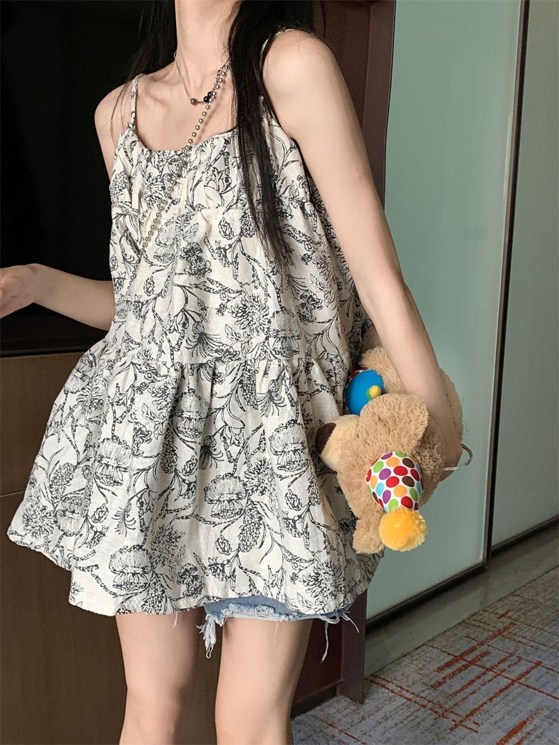 Holiday style casual suspender skirt female  summer new lazy and thin loose fluffy floral dress ins