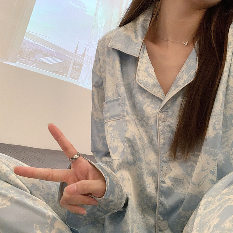 睡衣女春秋季冰絲薄款長袖韓版可愛2023年新款夏天絲綢家居服套裝