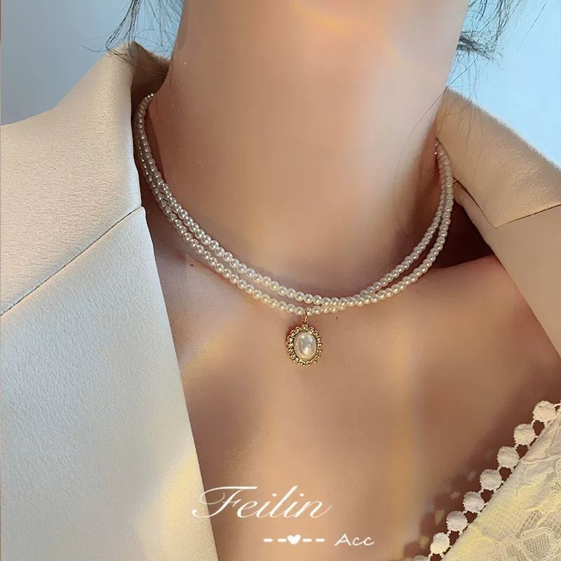 优雅复古法式双层珍珠项链女ins网红锁骨链简约小众设计脖子饰品