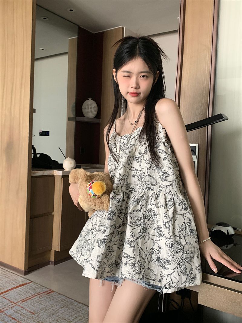 Holiday style casual suspender skirt female  summer new lazy and thin loose fluffy floral dress ins