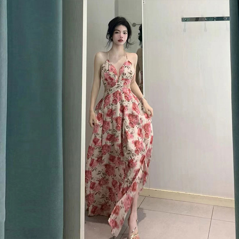 夏季超仙海邊度假碎花度假女連衣裙露背鏤空綁帶高腰開衩大擺長裙