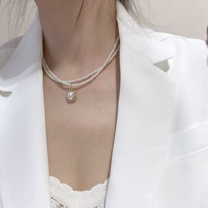 优雅复古法式双层珍珠项链女ins网红锁骨链简约小众设计脖子饰品