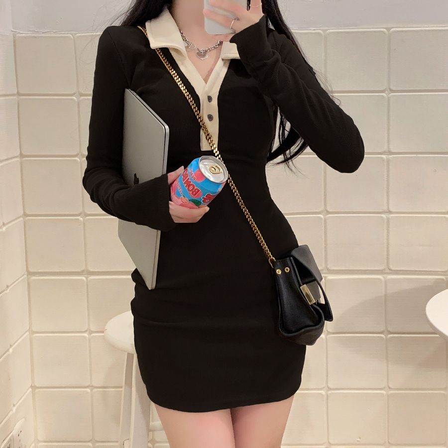 Pure desire POLO collar long-sleeved dress women's autumn and winter new hot girl waist slimming skirt