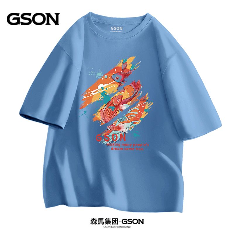 品牌GSON夏季男士纯棉短袖宽松国潮印花时尚t恤运动上衣