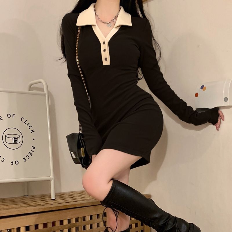 Pure desire POLO collar long-sleeved dress women's autumn and winter new hot girl waist slimming skirt