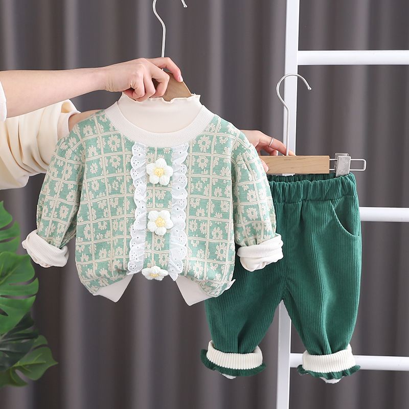 女童春裝套裝2023新款女寶寶衣服春季洋氣兒童時髦網紅春秋三件套