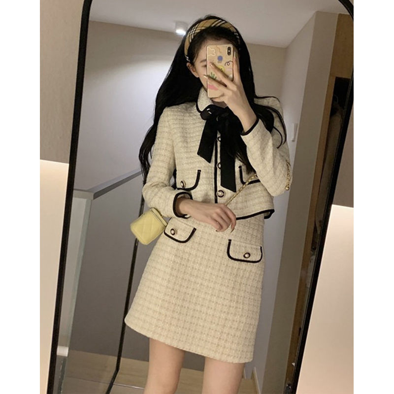 小香風名媛洋氣套裝裙女法式高級感蝴蝶結系帶短外套半身裙兩件套