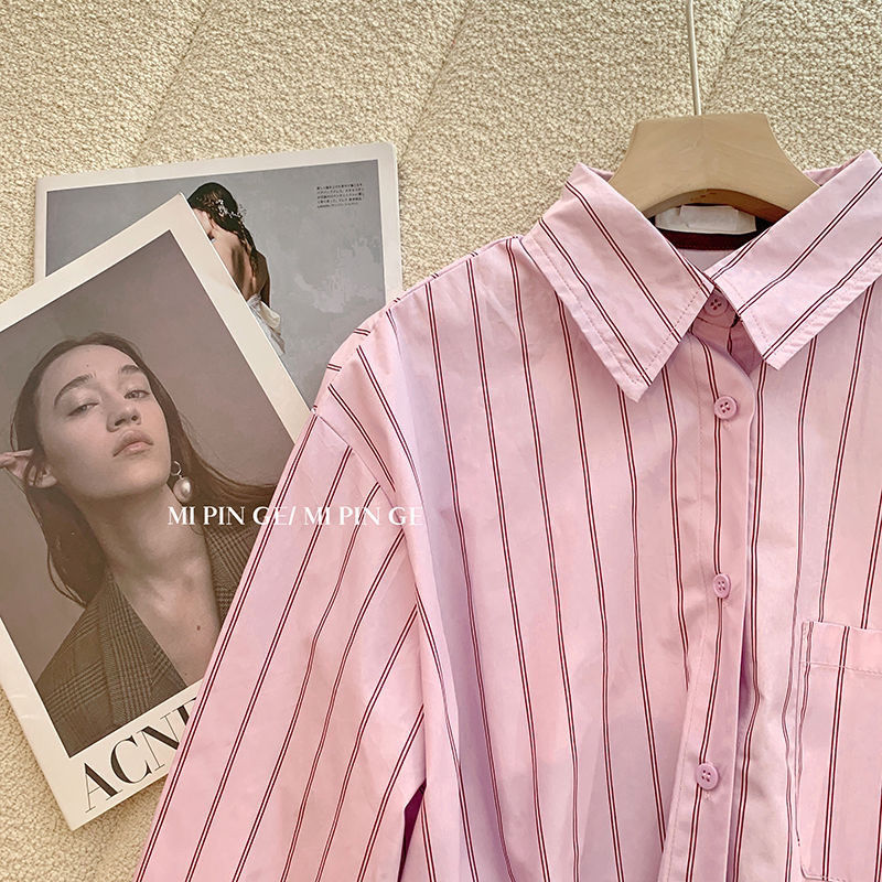 撞色拼接竖条纹衬衫女设计感小众春装韩版休闲上衣小众高级感衬衣