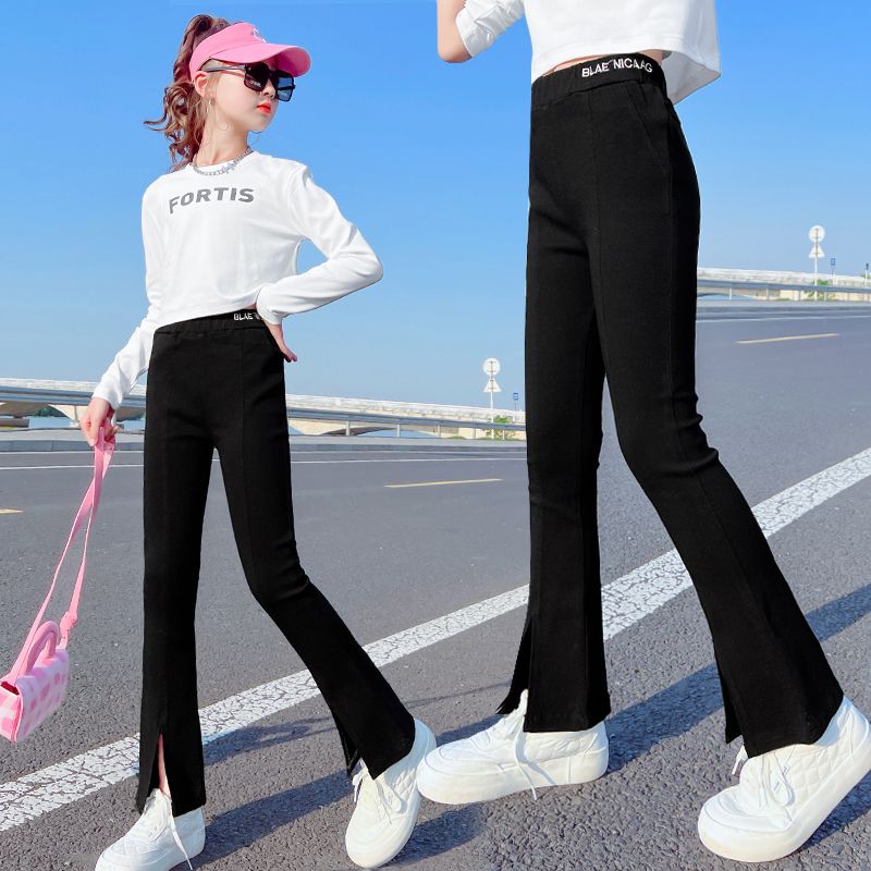女童褲子2023春秋外穿中大童休閒洋氣修身打底褲開叉彈力兒童春季