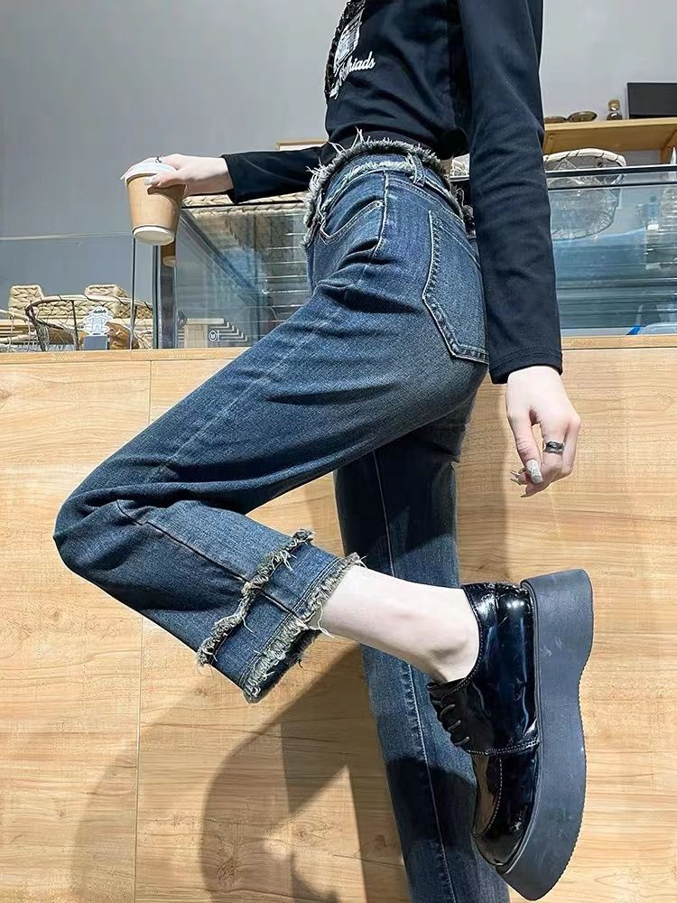 YSYOURS毛邊直筒牛仔褲女春秋高腰顯瘦九分小個子設計感煙管褲子