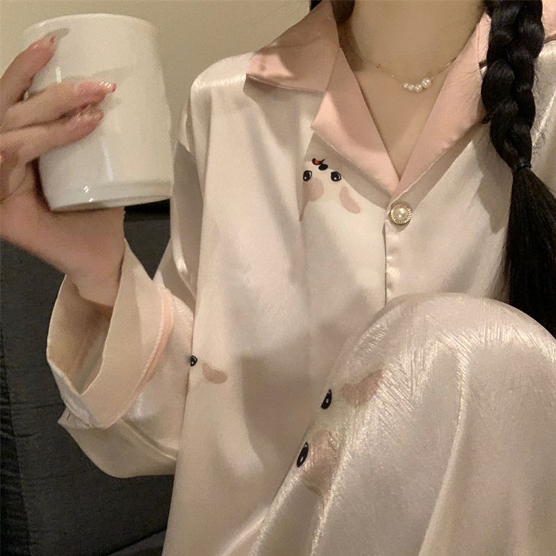 韓系新款睡衣女春秋冬季長袖薄款光滑女士高顏值開衫家居服套裝