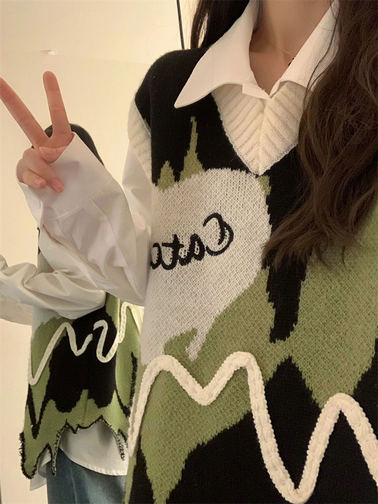 Korean style fashion V-neck irregular sweater vest vest knitwear trendy female student + long-sleeved shirt two-piece suit