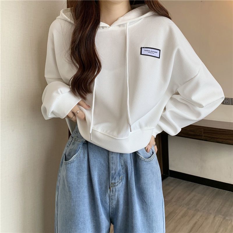 春季2023新款短款連帽衛衣女寬鬆韓版高腰套頭帶帽長袖上衣潮ins