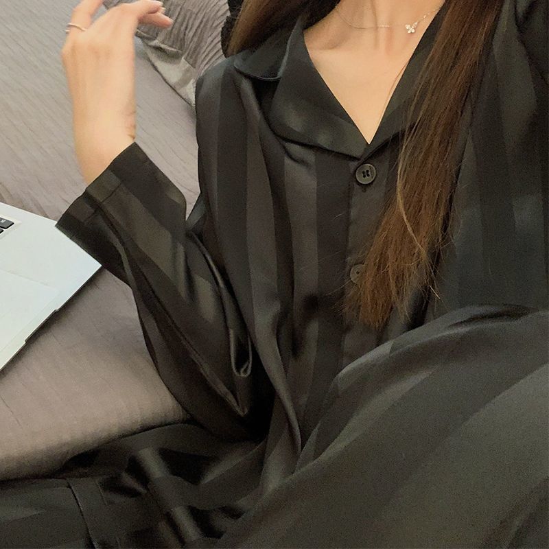 韓版睡衣女春秋冰絲2023年新款長袖黑色條紋仿真絲綢冬季家居服女