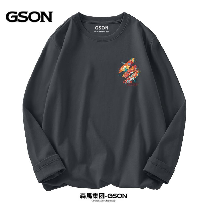 品牌GSON重磅純棉長袖t恤時尚潮流簡約印花圓領運動秋衣