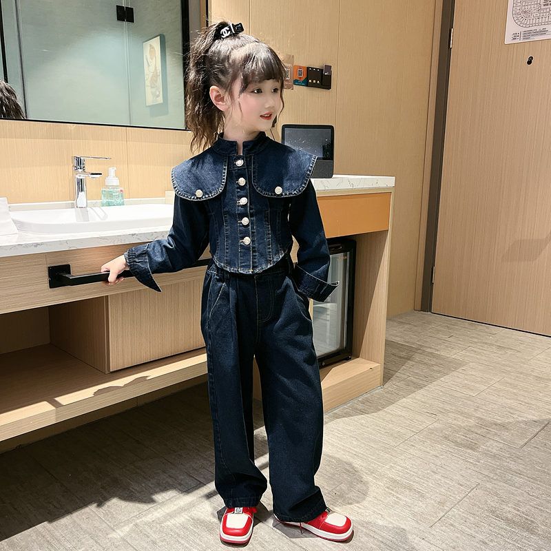 女童春裝小香風大翻領牛仔闊腿褲套裝女孩2023春秋新款設計兩件套