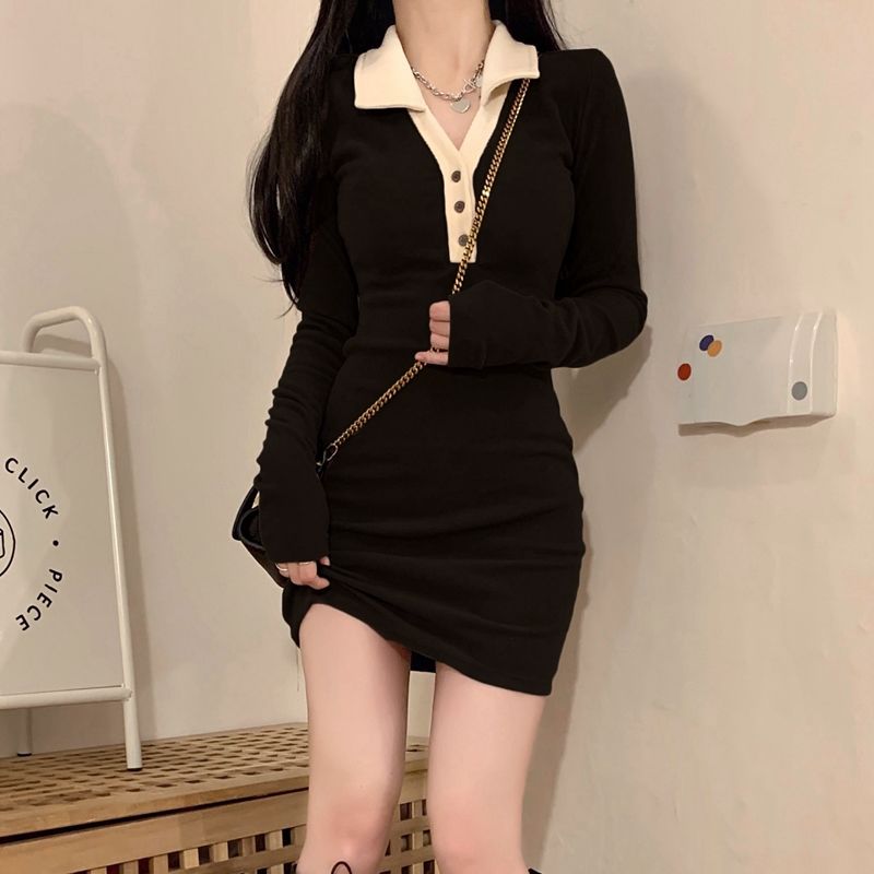 Pure desire POLO collar long-sleeved dress women's autumn and winter new hot girl waist slimming skirt