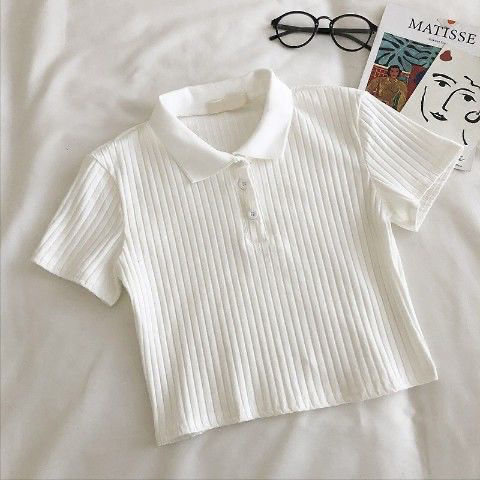 Children's POLO collar pit  striped t-shirt girls summer high waist navel short section slim half-sleeved Hong Kong style top