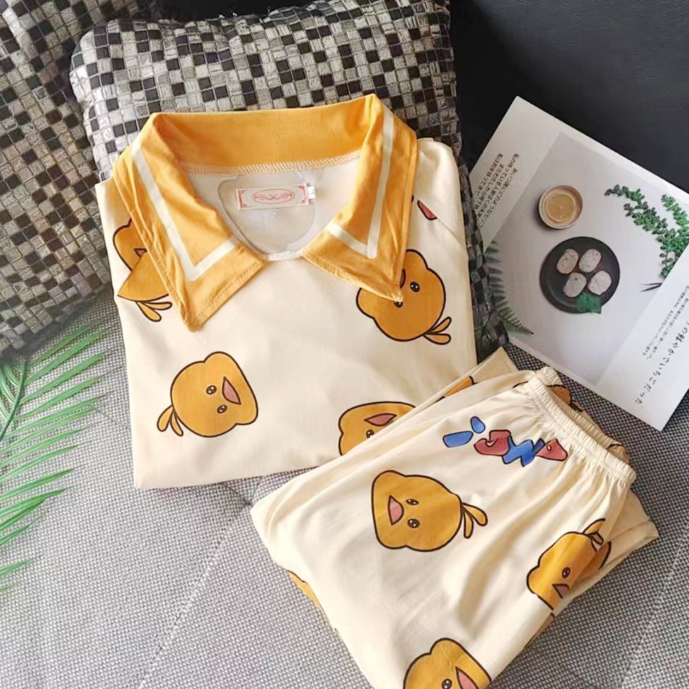 睡衣女秋季長袖卡通可愛公主領簡約黃色格子學生可外穿家居服套裝