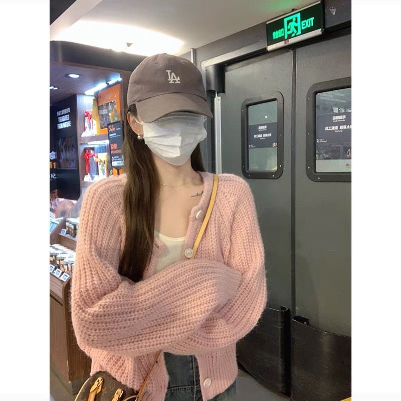 2023春秋新款粉色奶fufu軟糯毛衣外套女針織開衫法式溫柔寬鬆上衣