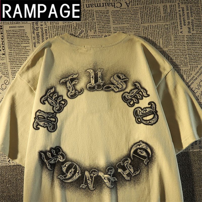 RAMPAGE100%純棉美式復古印花t恤男女春夏寬鬆港風hiphop潮牌短袖