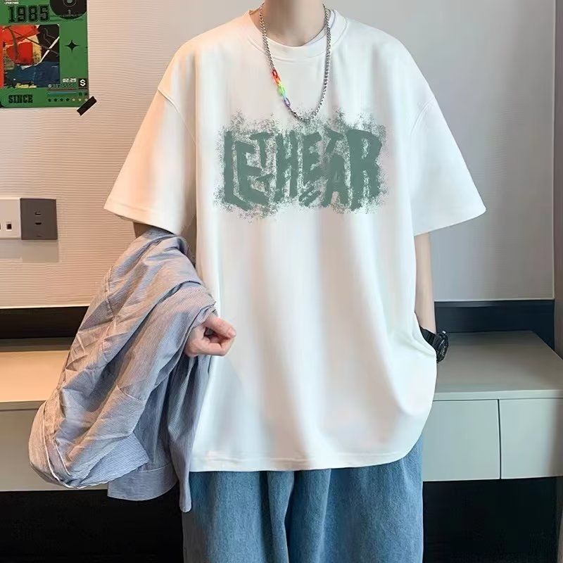 100%純棉夏季短袖t恤男ins潮流百搭寬鬆原宿港風印花學生五分體恤