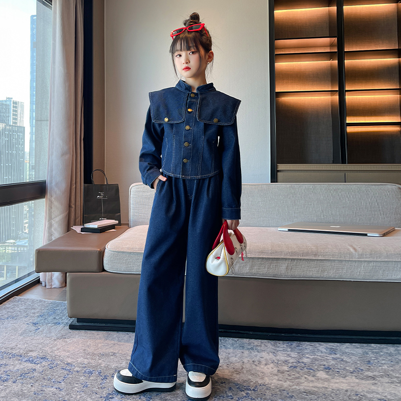 女童春秋歐版洋氣大翻領牛仔闊腿褲套裝2023新款洋氣網紅女孩春裝