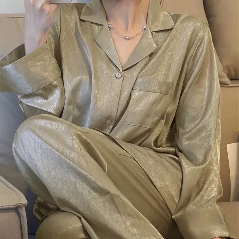 French high-end pajamas women's spring and autumn ice silk thin temperament long-sleeved trousers silk suit new home service