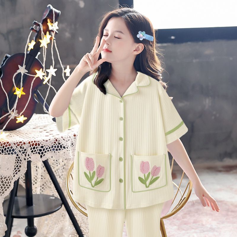女童日系睡衣夏季春秋款純棉短袖長褲可外穿家居服