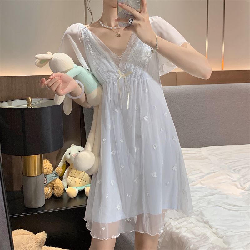 Pure desire style v tie chest pad short-sleeved nightdress female 2023 new summer cute lace home clothes