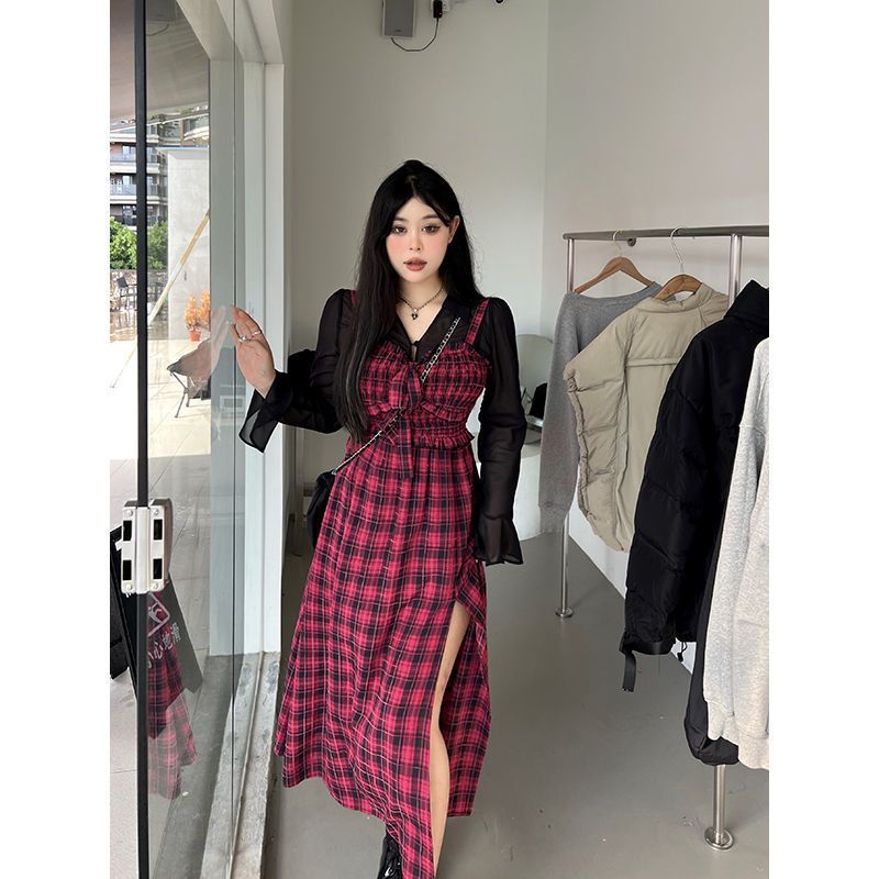 大碼吊帶連衣裙女辣妹純欲秋季胖mm顯瘦雪紡上衣女格子裙子兩件套