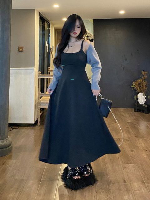 大碼女裝2022秋季背心吊帶連衣裙女純欲辣妹胖mm針織外搭兩件套潮