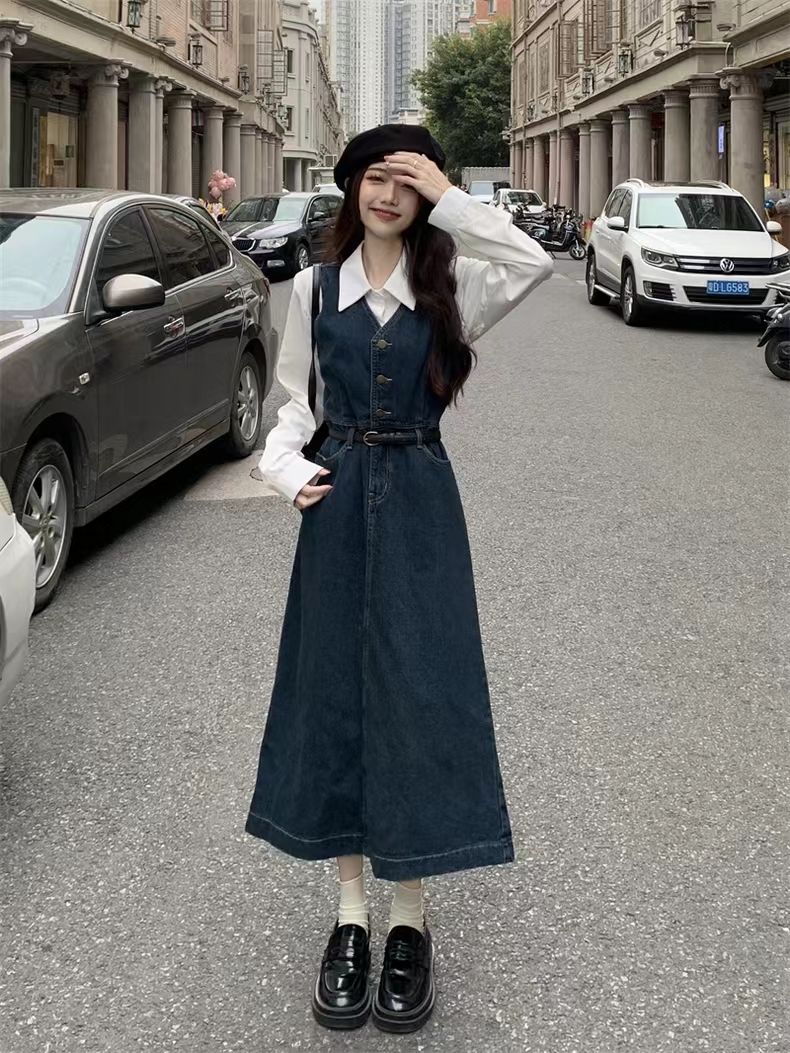 [Free Belt] Two-piece suit spring and autumn niche French denim long skirt women's vest dress layered shirt trendy