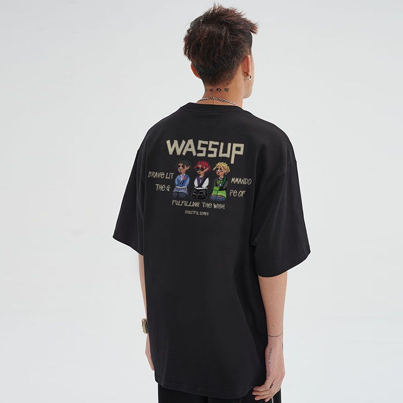 WASSUP HEODS髒辮男孩美式重磅復古T恤男女生情侶休閒寬鬆短袖夏