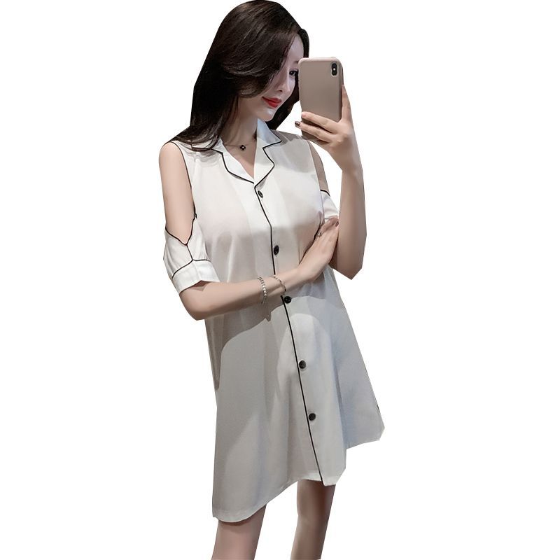 Shirt ice silk nightdress female summer short-sleeved 2023 new spring and summer pure desire wind home service sexy pajamas white