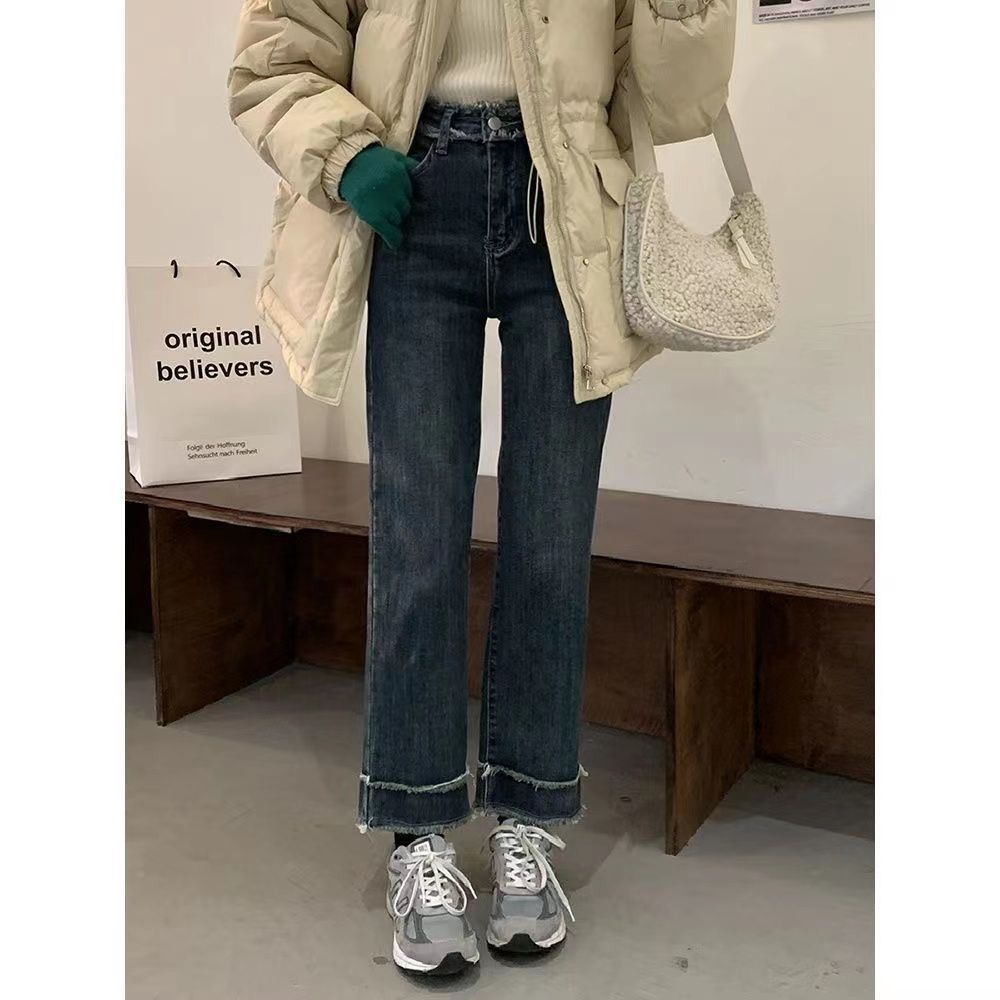 復古毛邊直筒牛仔褲女2023春秋新款大碼胖mm高腰顯瘦九分煙管褲潮