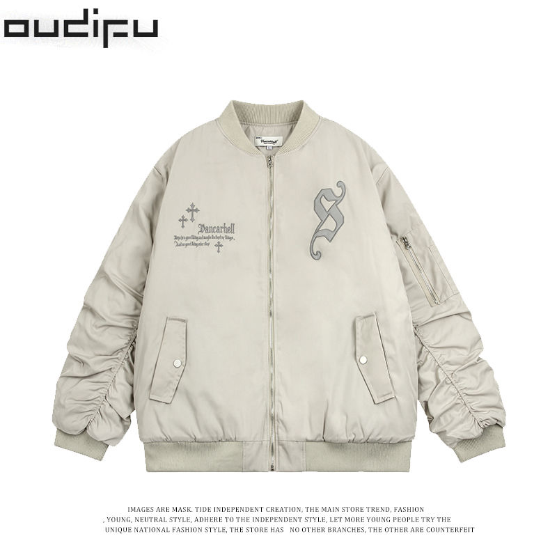 OUDIFU 潮牌美式褶皱袖MA-1飞行员夹克男女高街外套春秋款棒球服