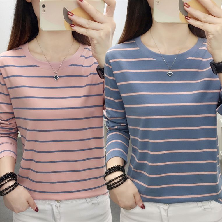 Cotton striped long-sleeved t-shirt women's new spring and autumn clothes women's clothing mother large size loose slim bottoming shirt clothes