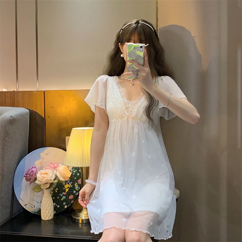 Pure desire style v tie chest pad short-sleeved nightdress female 2023 new summer cute lace home clothes