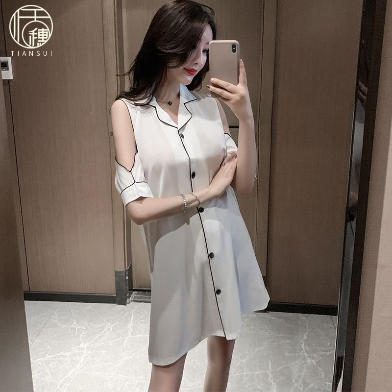 Shirt ice silk nightdress female summer short-sleeved 2023 new spring and summer pure desire wind home service sexy pajamas white